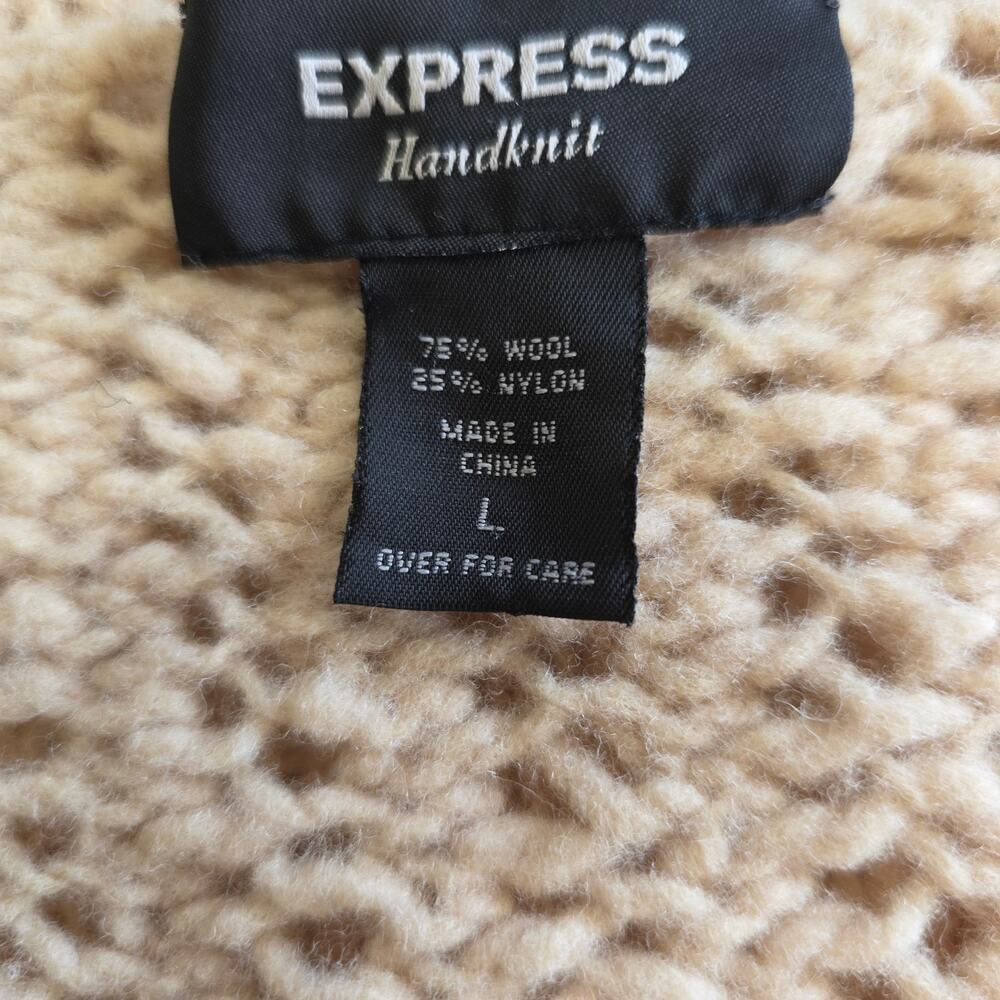 Express Handknit Wool Blend Crochet Sweater Beige Size L - Picture 3 of 4